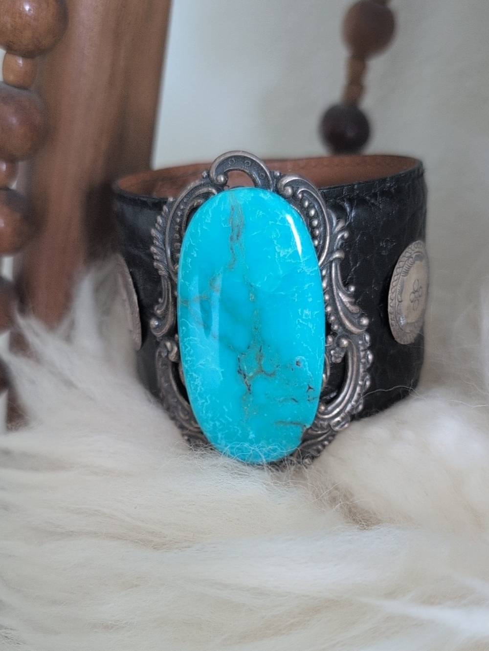 Turquoise Statement Leather Tooled Cuff Bracelet - Bold Stone